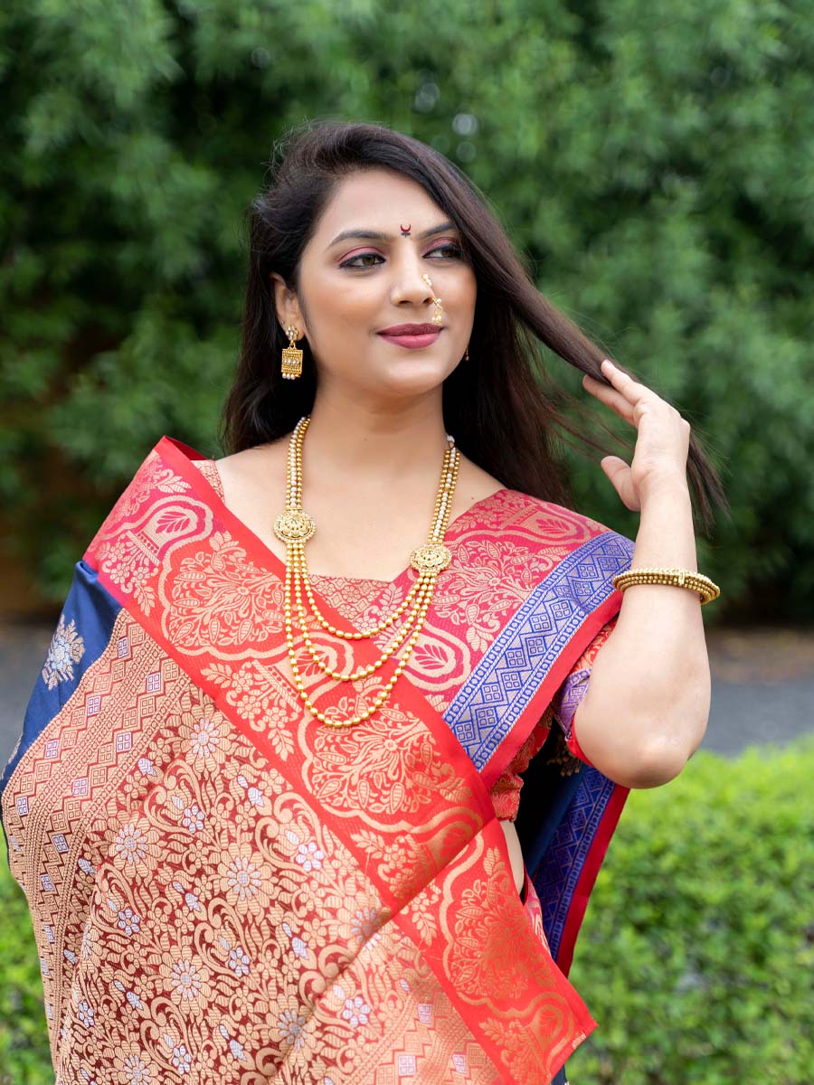 Navy Blue Kanchipuram Weaving Silk Handwoven Wedding Festival Heavy Border Saree
