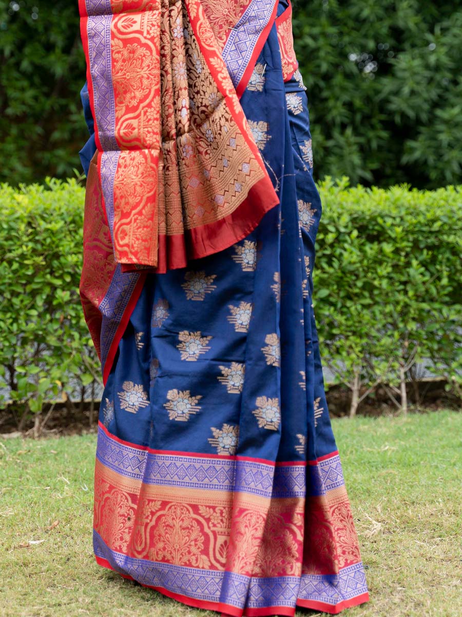 Navy Blue Kanchipuram Weaving Silk Handwoven Wedding Festival Heavy Border Saree