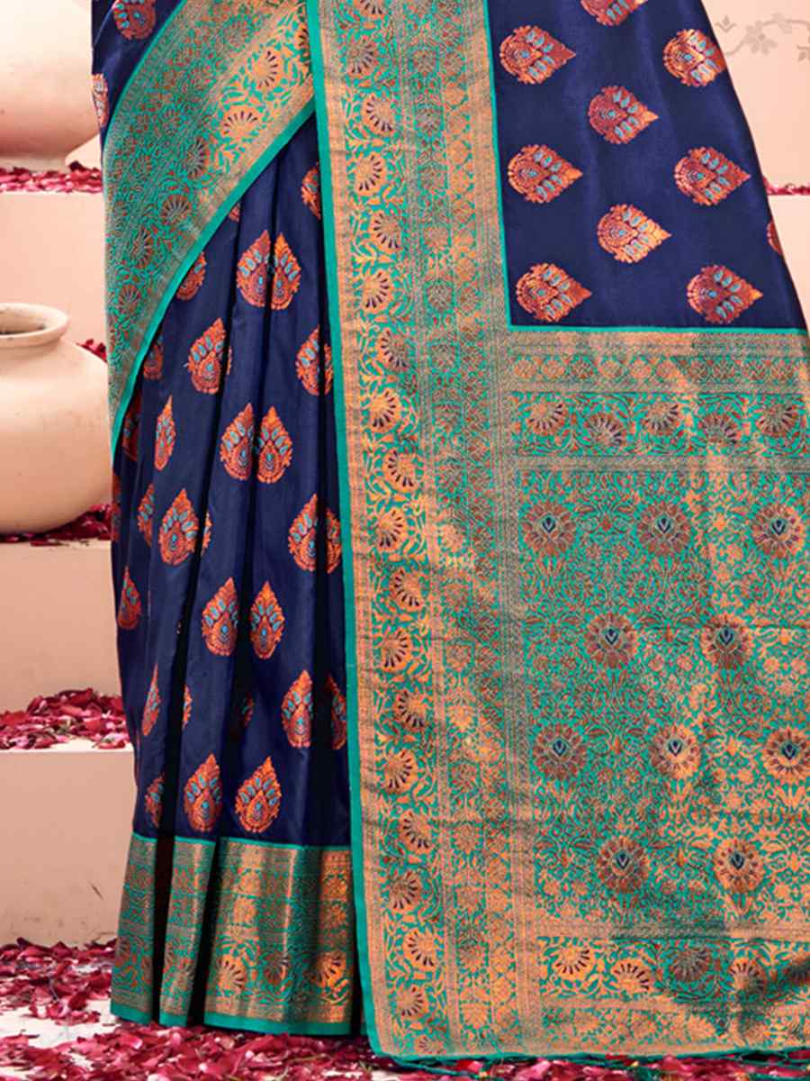 Navy Blue Kanjivaram Silk Handwoven Wedding Festival Heavy Border Saree
