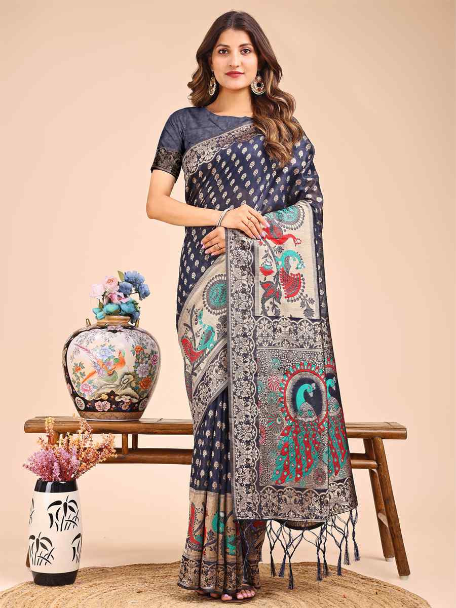 Navy Blue Linen Cotton Printed Festival Wedding Fancy Heavy Border Saree