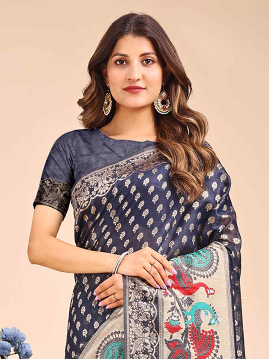 Navy Blue Linen Cotton Printed Festival Wedding Fancy Heavy Border Saree