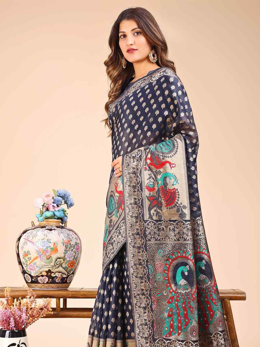 Navy Blue Linen Cotton Printed Festival Wedding Fancy Heavy Border Saree