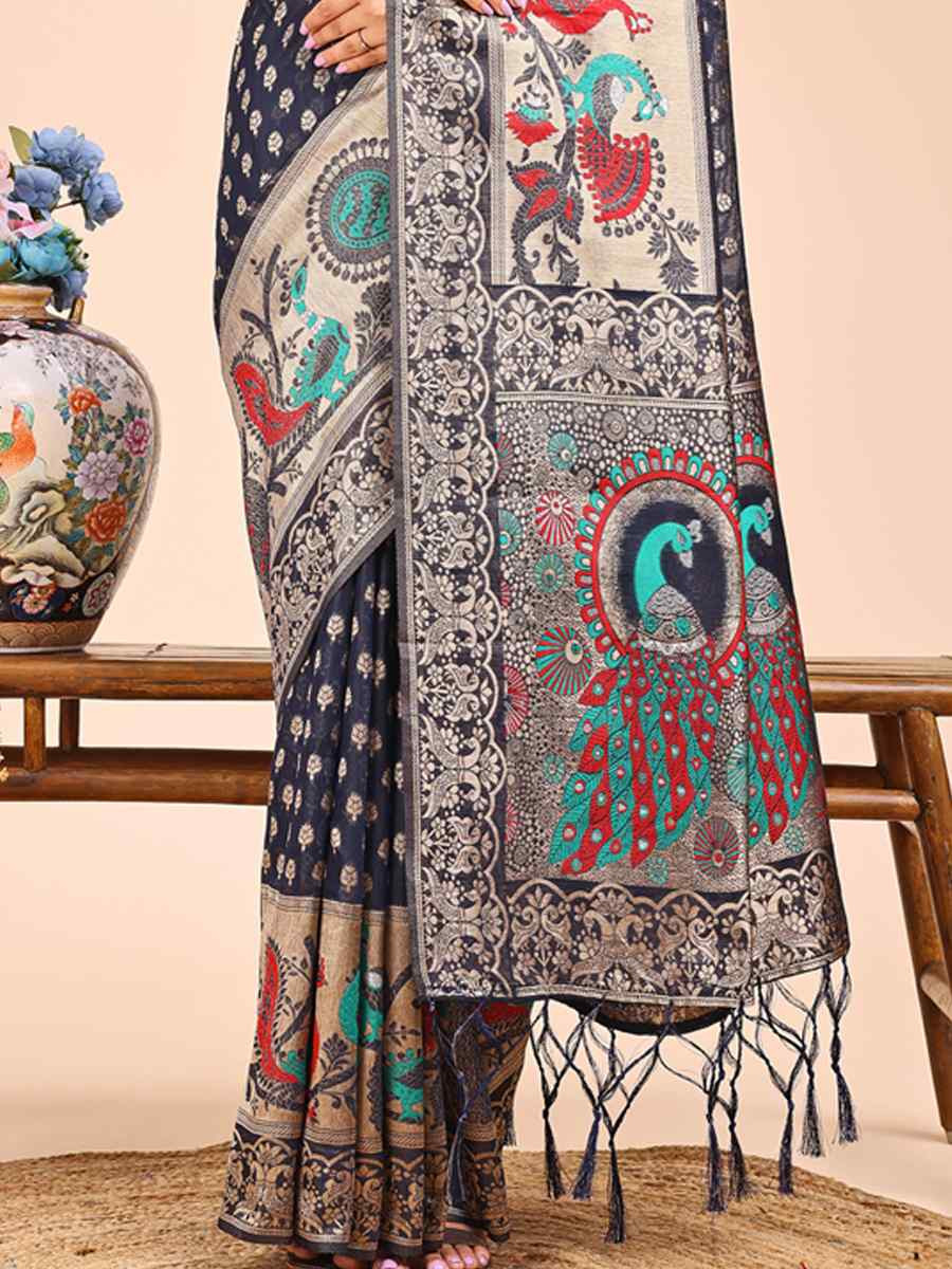Navy Blue Linen Cotton Printed Festival Wedding Fancy Heavy Border Saree