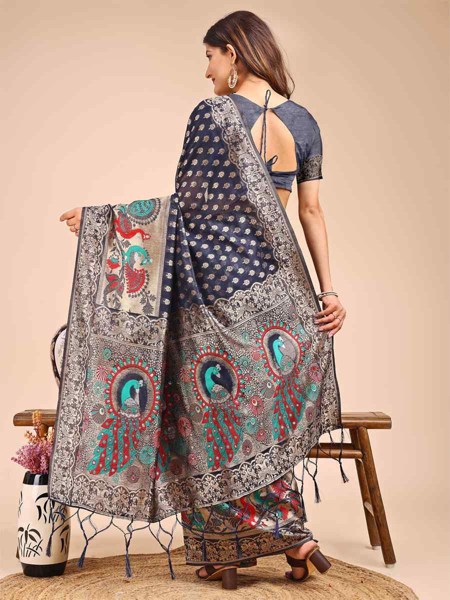 Navy Blue Linen Cotton Printed Festival Wedding Fancy Heavy Border Saree