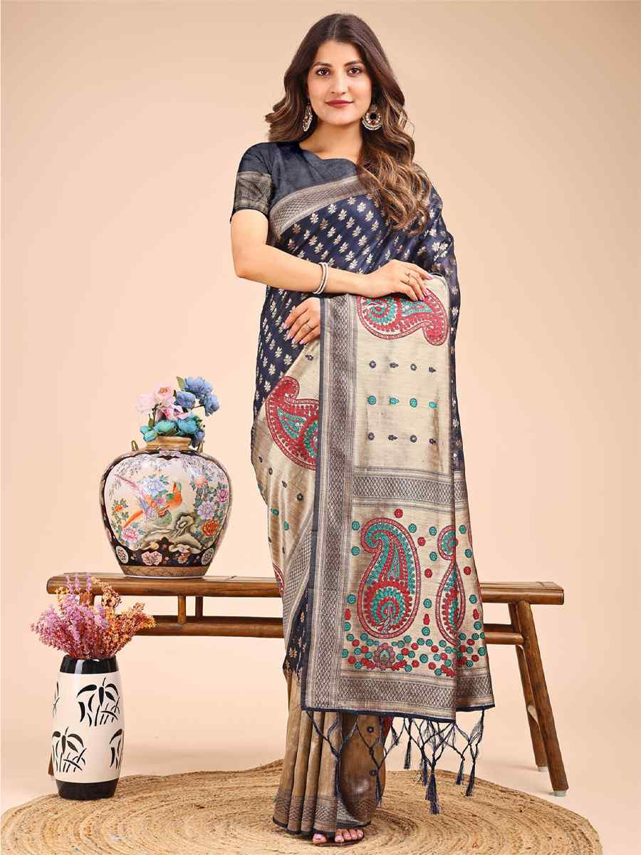Navy Blue Linen Cotton Printed Festival Wedding Fancy Heavy Border Saree