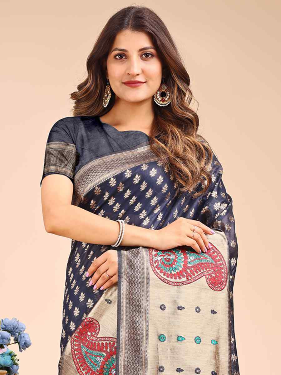 Navy Blue Linen Cotton Printed Festival Wedding Fancy Heavy Border Saree