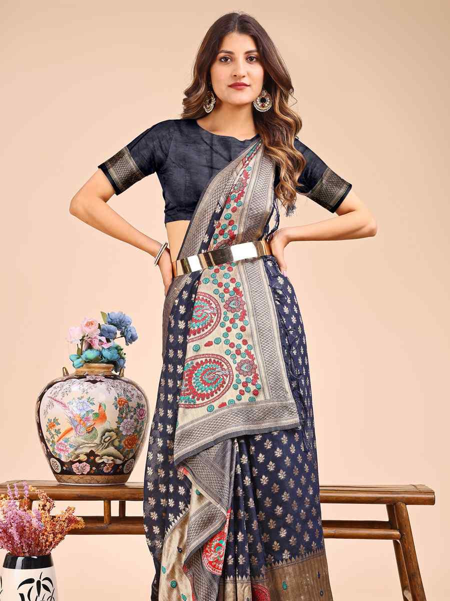 Navy Blue Linen Cotton Printed Festival Wedding Fancy Heavy Border Saree