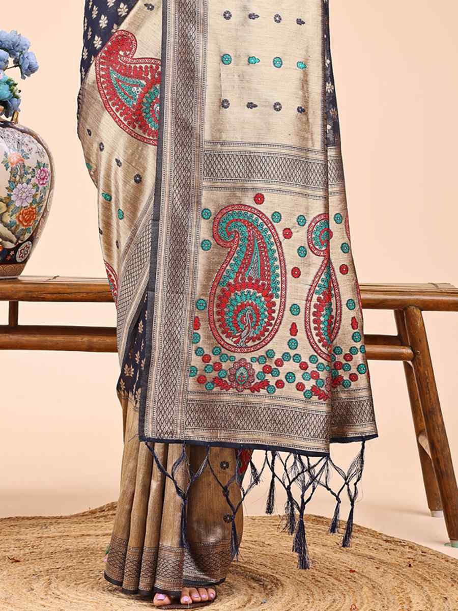 Navy Blue Linen Cotton Printed Festival Wedding Fancy Heavy Border Saree