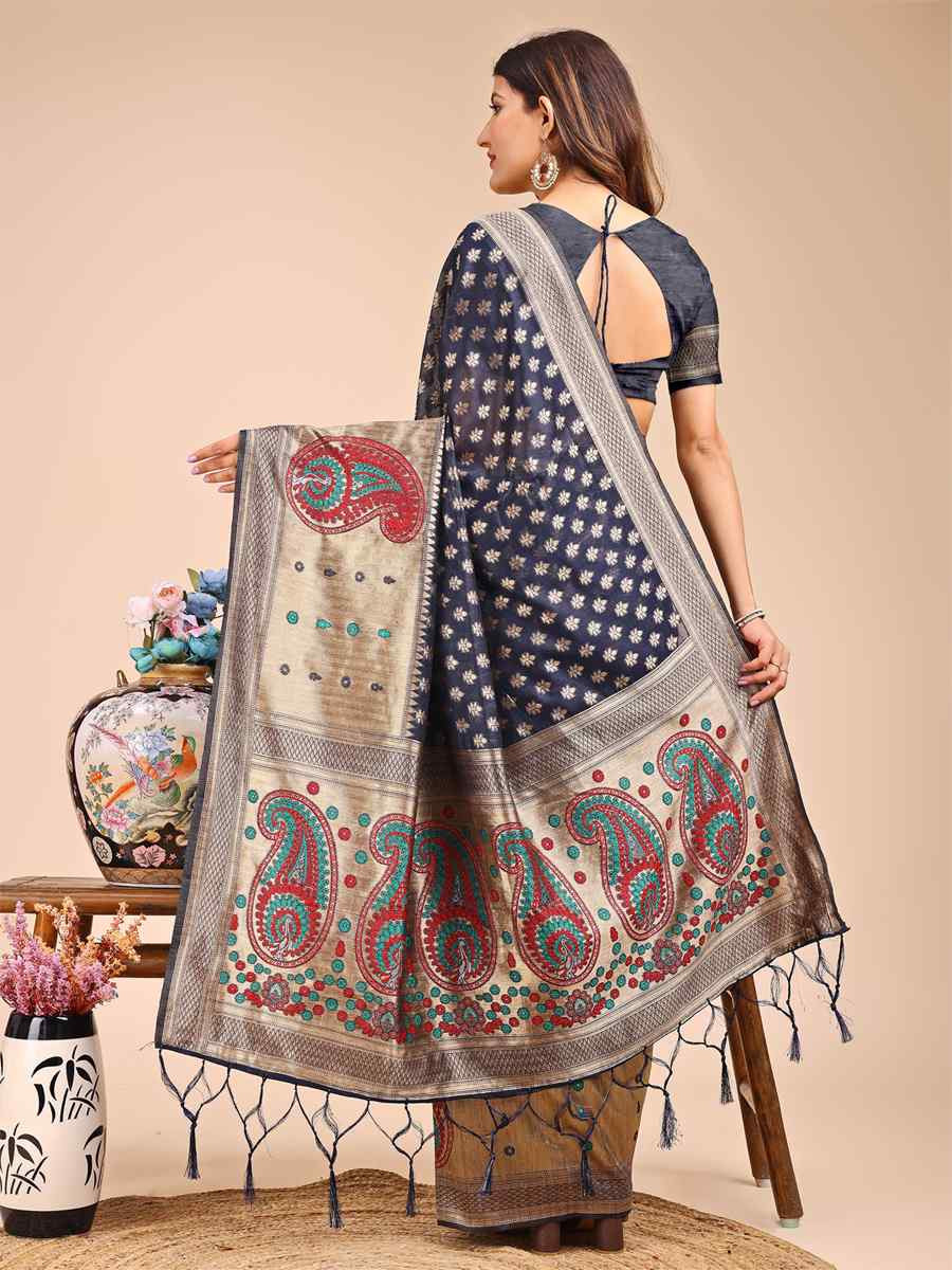 Navy Blue Linen Cotton Printed Festival Wedding Fancy Heavy Border Saree