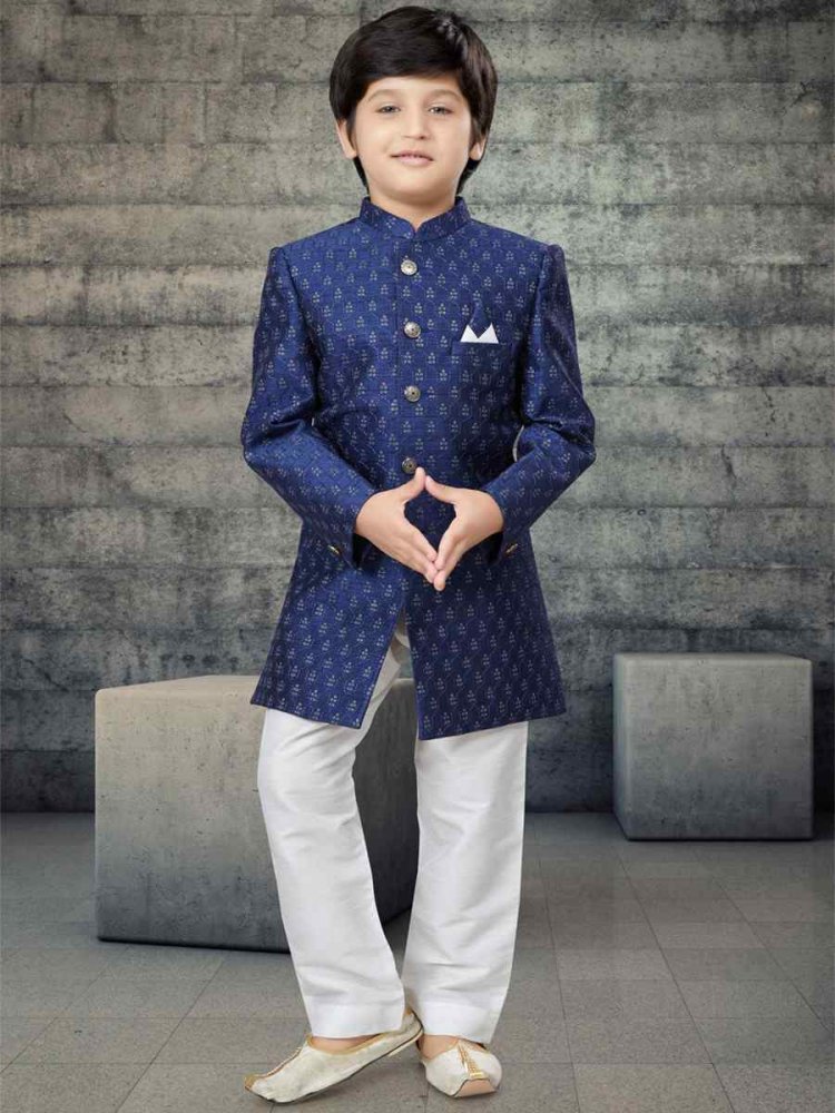 Navy Blue Lucknowie Printed Festival Traditional Kurta Pyjama Boys Wear