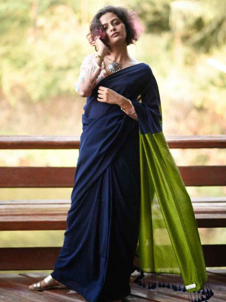 Image of Navy Blue Mal Cotton Plain Casual Party Festival Wedding Fancy Classic Style Sarees