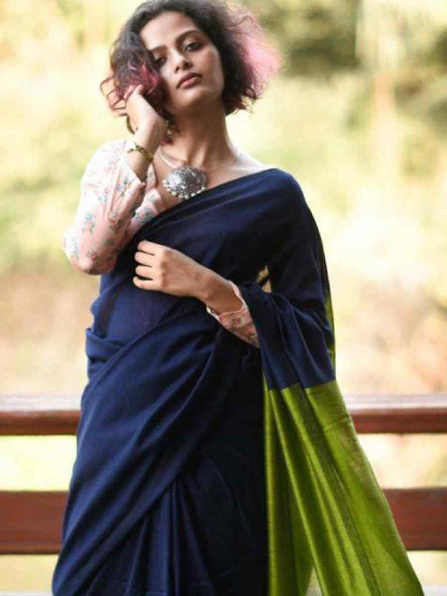 Navy Blue Mal Cotton Plain Casual Party Festival Wedding Fancy Classic Style Sarees