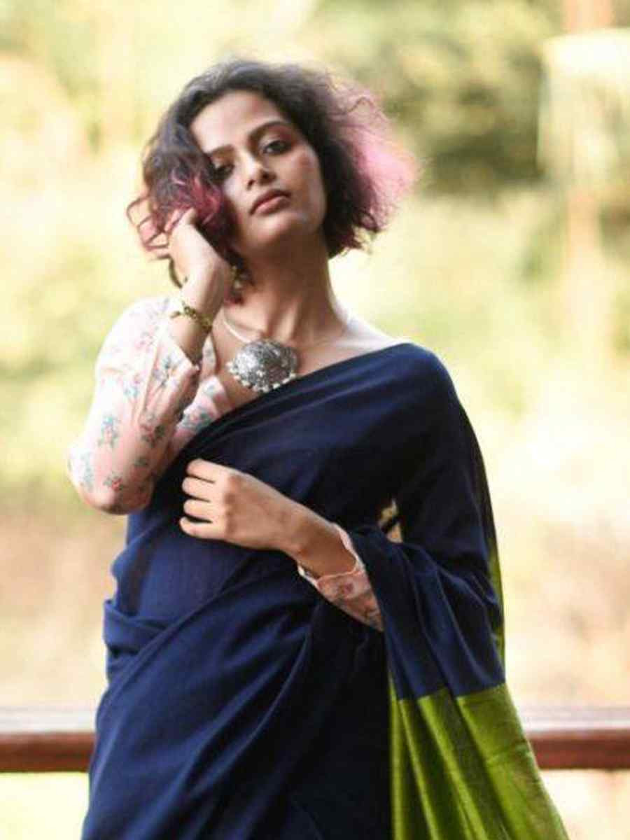 Navy Blue Mal Cotton Plain Casual Party Festival Wedding Fancy Classic Style Sarees