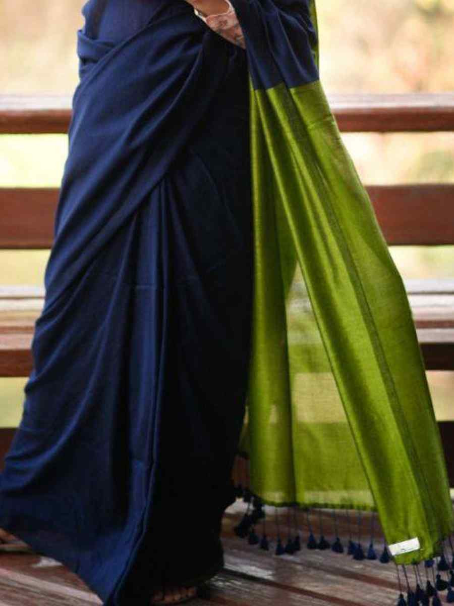Navy Blue Mal Cotton Plain Casual Party Festival Wedding Fancy Classic Style Sarees