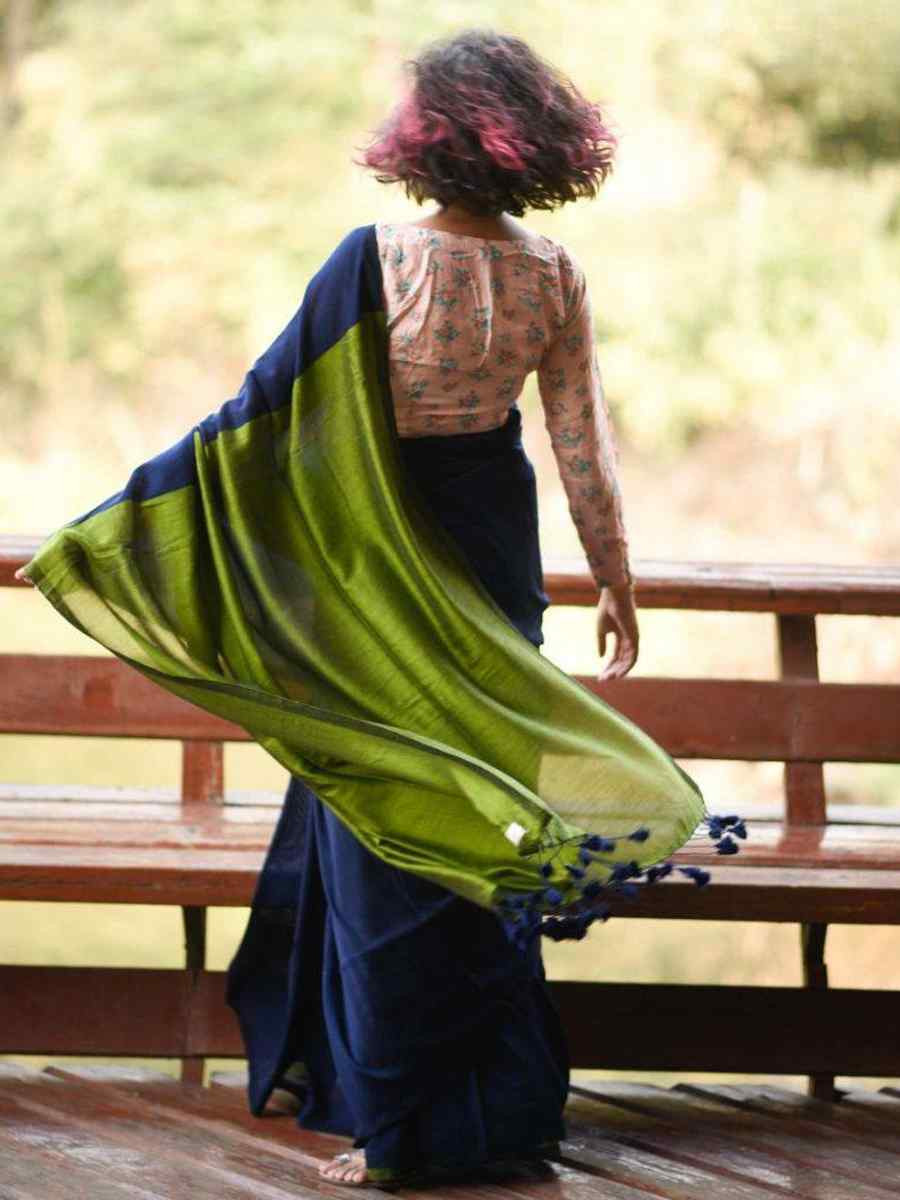 Navy Blue Mal Cotton Plain Casual Party Festival Wedding Fancy Classic Style Sarees