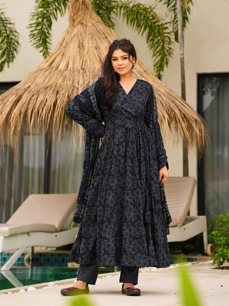 Image of Navy Blue Maslin Printed Floral Wedding Party Festival Ready Anarkali Pant Salwar Kameez