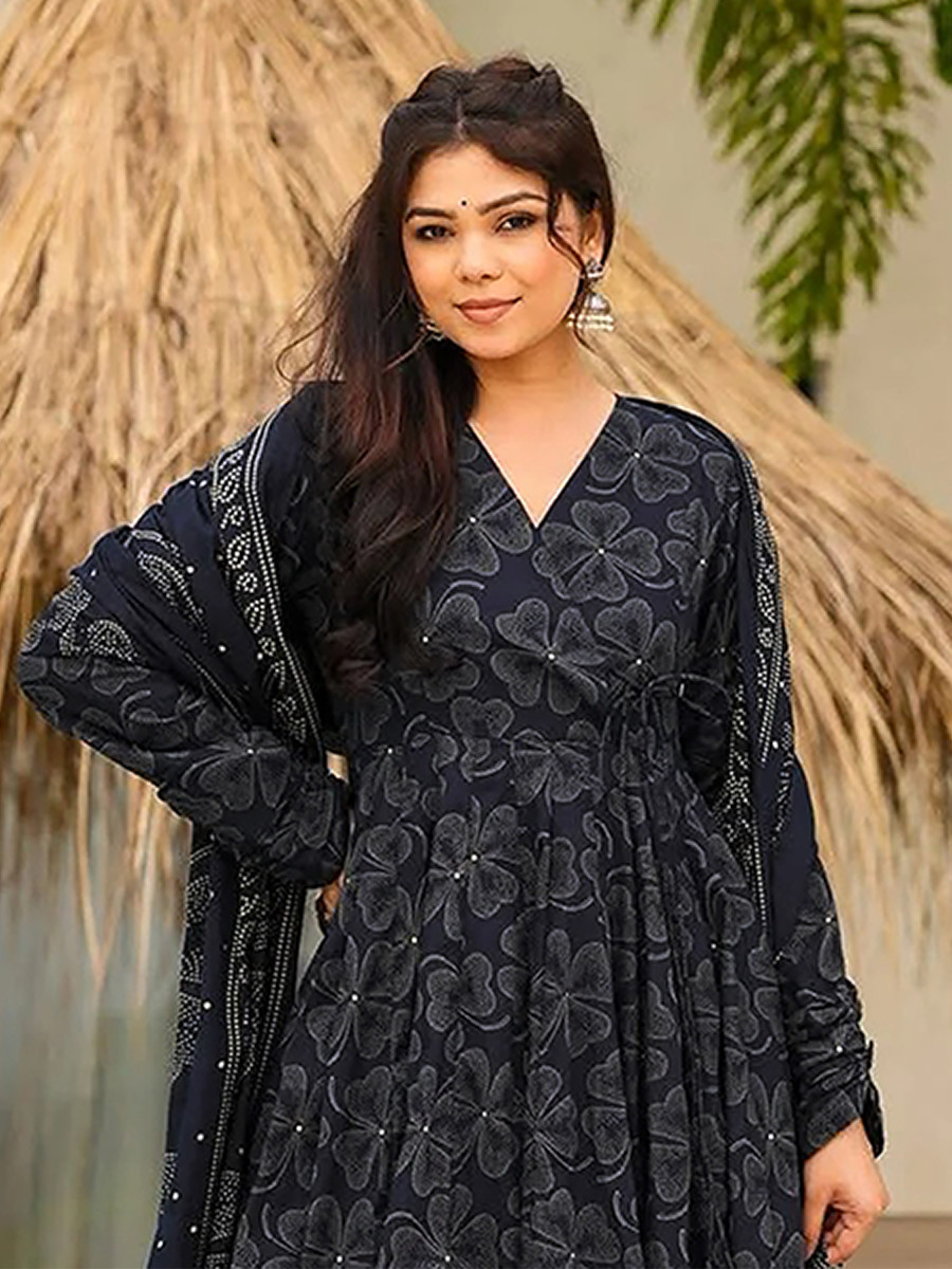 Navy Blue Maslin Printed Floral Wedding Party Festival Ready Anarkali Pant Salwar Kameez