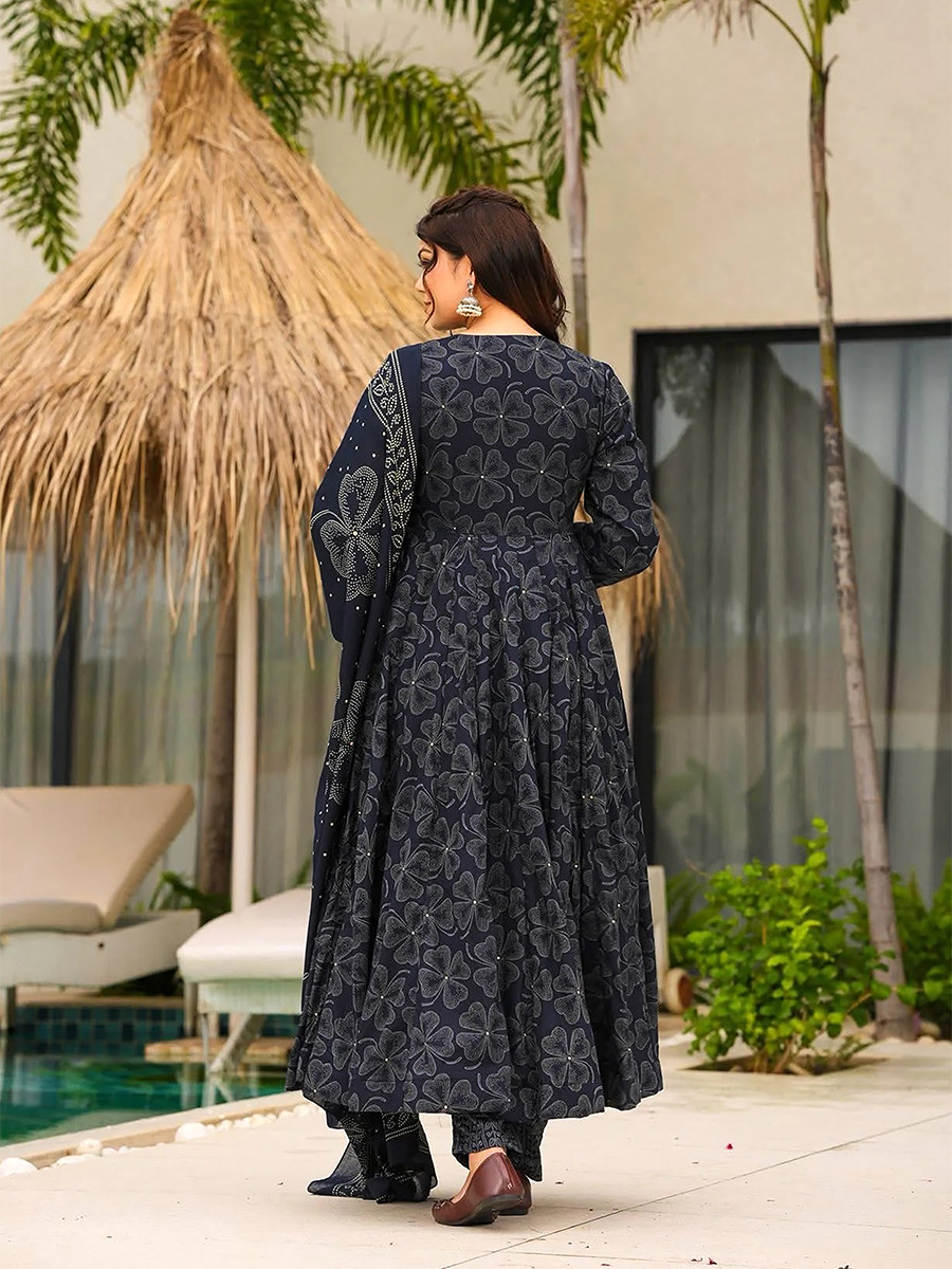 Navy Blue Maslin Printed Floral Wedding Party Festival Ready Anarkali Pant Salwar Kameez