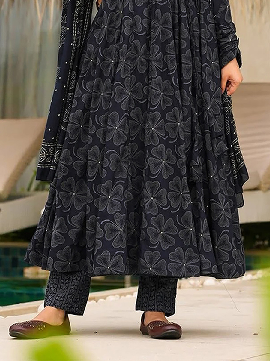 Navy Blue Maslin Printed Floral Wedding Party Festival Ready Anarkali Pant Salwar Kameez