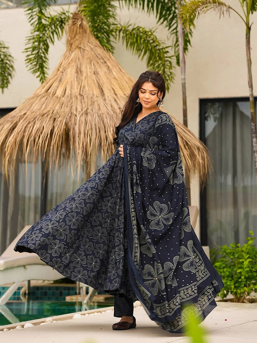 Navy Blue Maslin Printed Floral Wedding Party Festival Ready Anarkali Pant Salwar Kameez