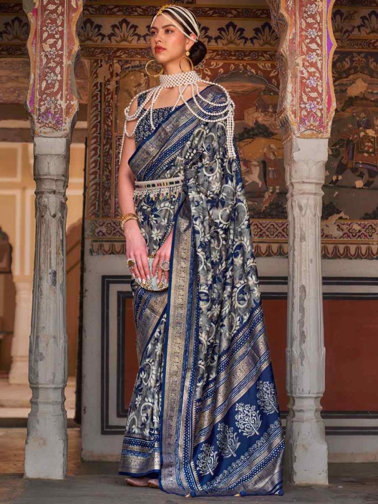 Navy Blue Mercetized Sigma Silk Printed Casual Festival Contemporary Saree