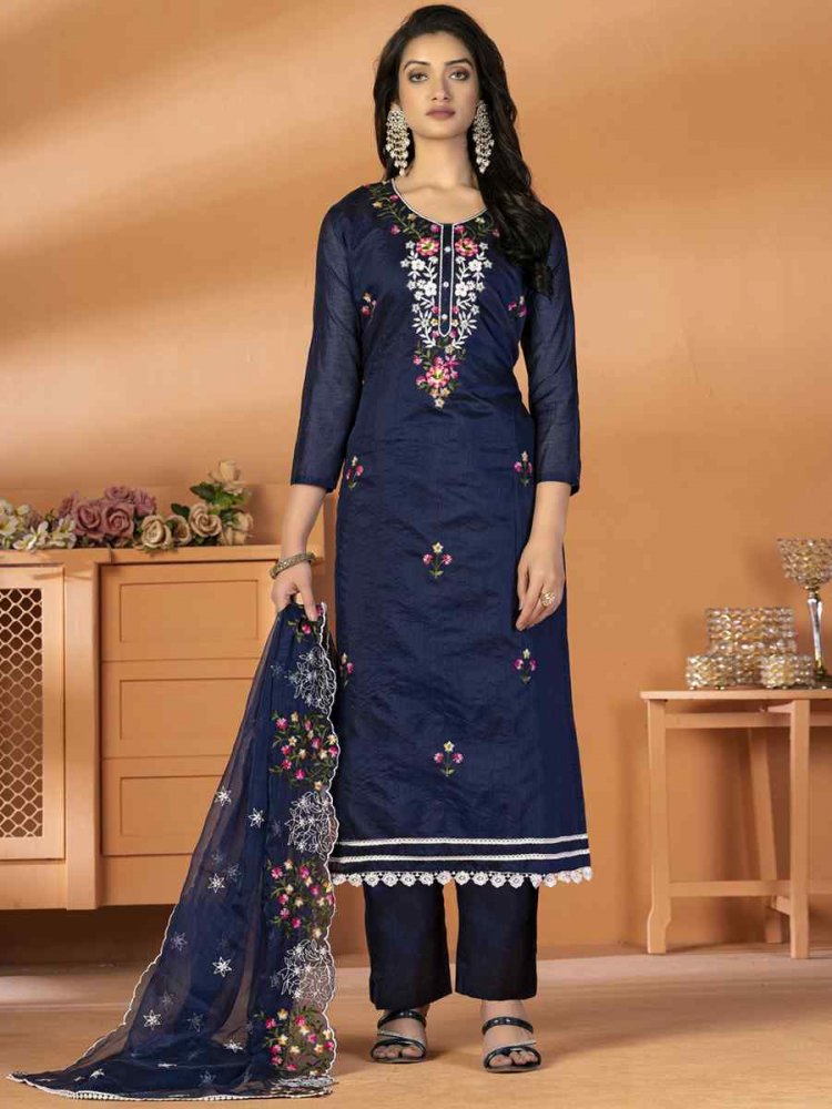Navy Blue Modal Chanderi Silk Embroidered Casual Festival Pant Salwar Kameez