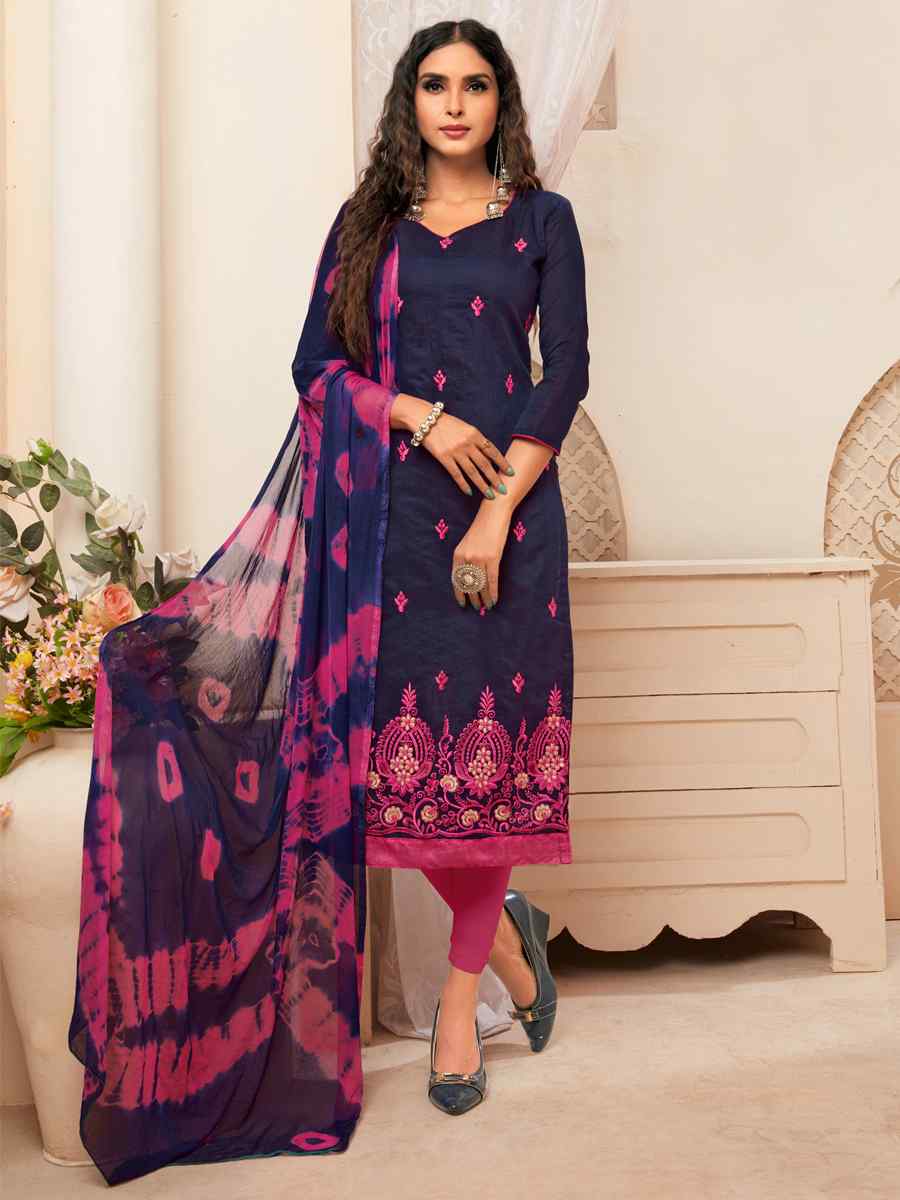 Navy Blue Modal Silk Printed Casual Festival Churidar Salwar Kameez
