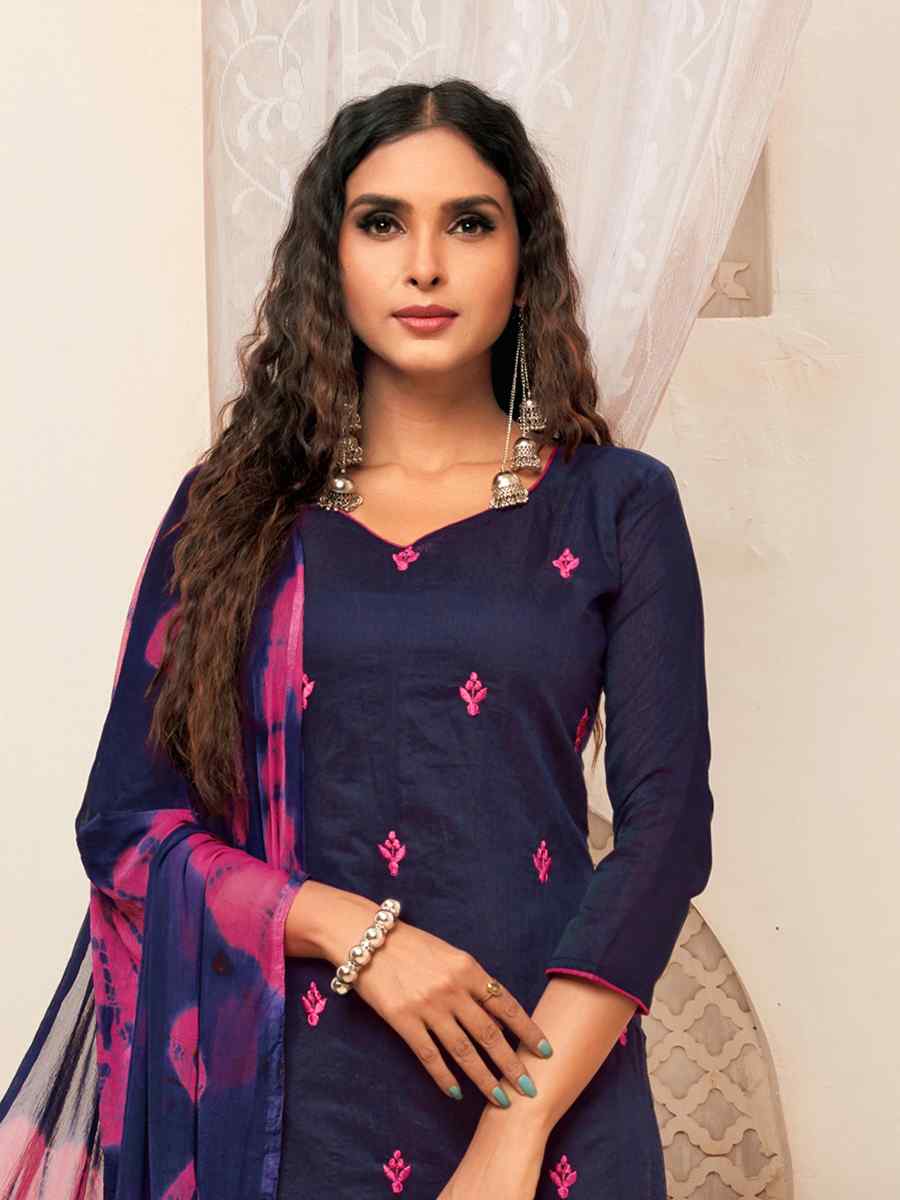 Navy Blue Modal Silk Printed Casual Festival Churidar Salwar Kameez