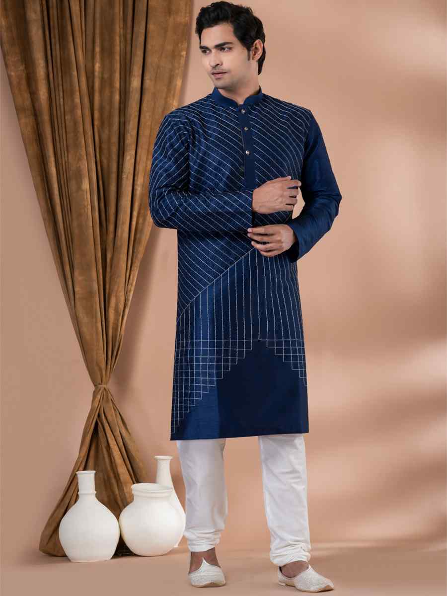 Navy Blue Mono Printed Festival Casual Kurta