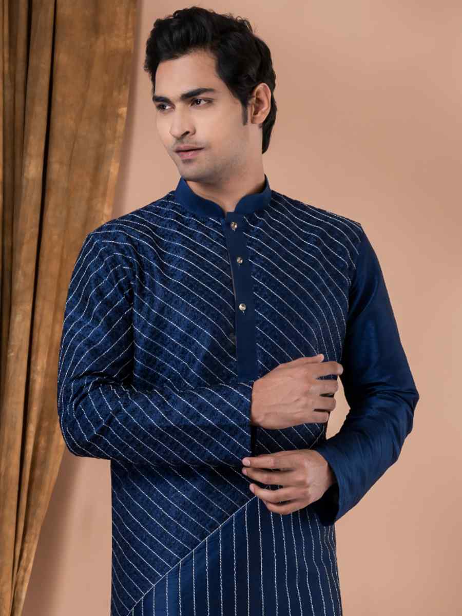 Navy Blue Mono Printed Festival Casual Kurta