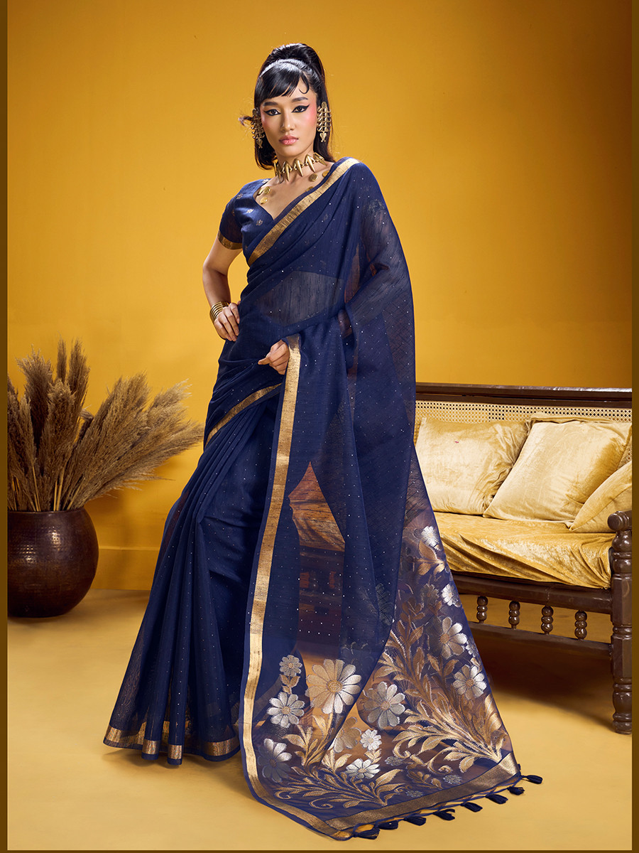 Navy Blue Munga Silk Printed Zari Festival Wedding Party Fancy Reception Heavy Border Saree