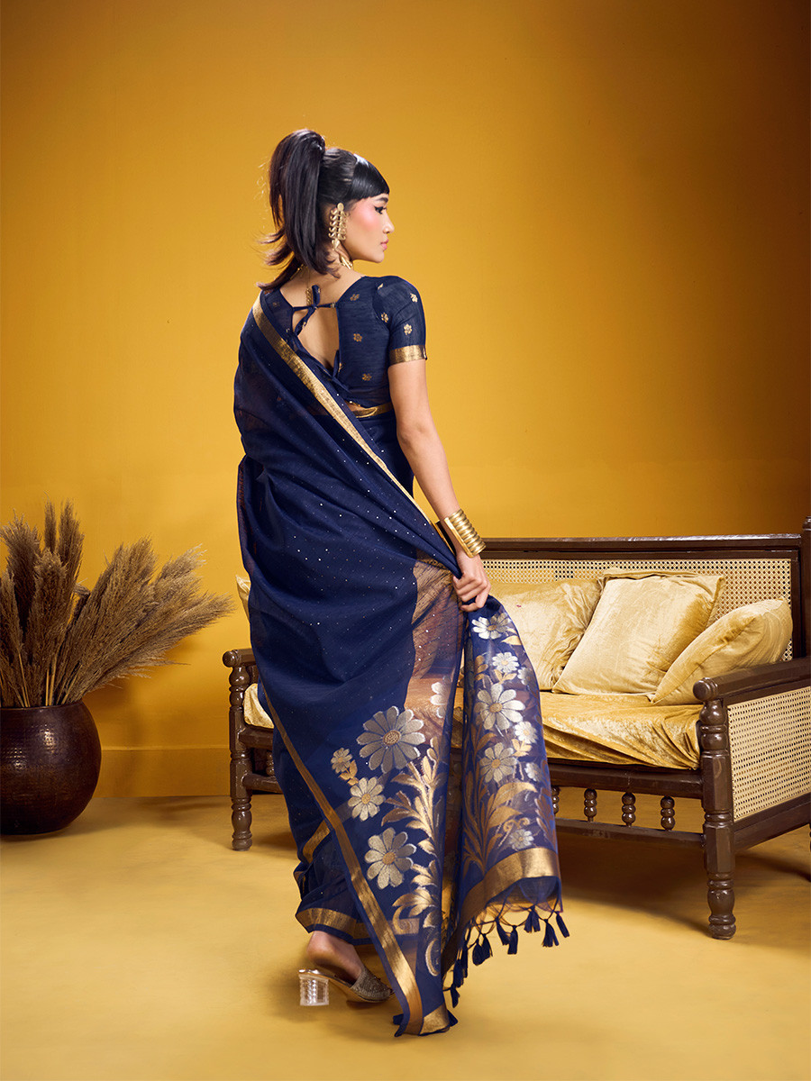 Navy Blue Munga Silk Printed Zari Festival Wedding Party Fancy Reception Heavy Border Saree