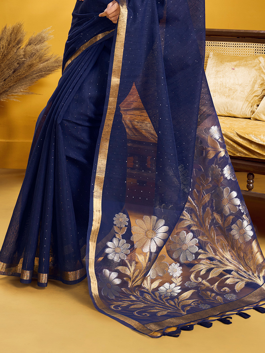 Navy Blue Munga Silk Printed Zari Festival Wedding Party Fancy Reception Heavy Border Saree