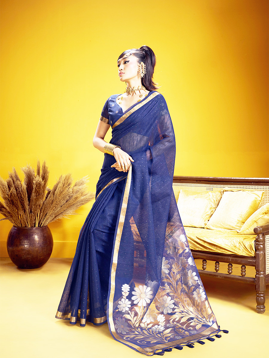 Navy Blue Munga Silk Printed Zari Festival Wedding Party Fancy Reception Heavy Border Saree