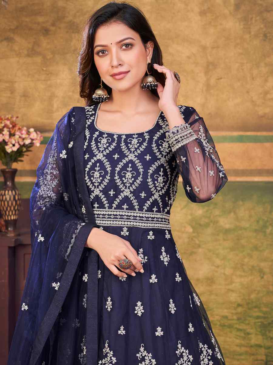 Navy Blue Net Embroidered Festival Wedding Anarkali Salwar Kameez