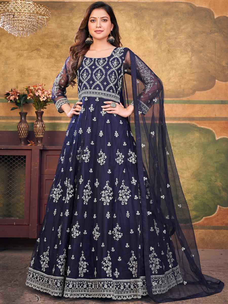 Navy Blue Net Embroidered Festival Wedding Anarkali Salwar Kameez