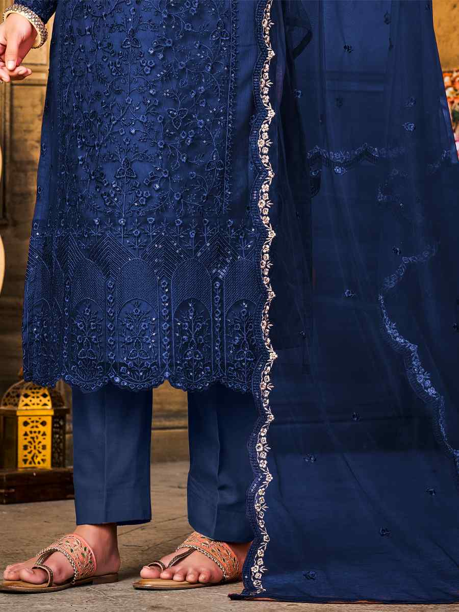 Navy Blue Net Embroidered Festival Wedding Pant Salwar Kameez
