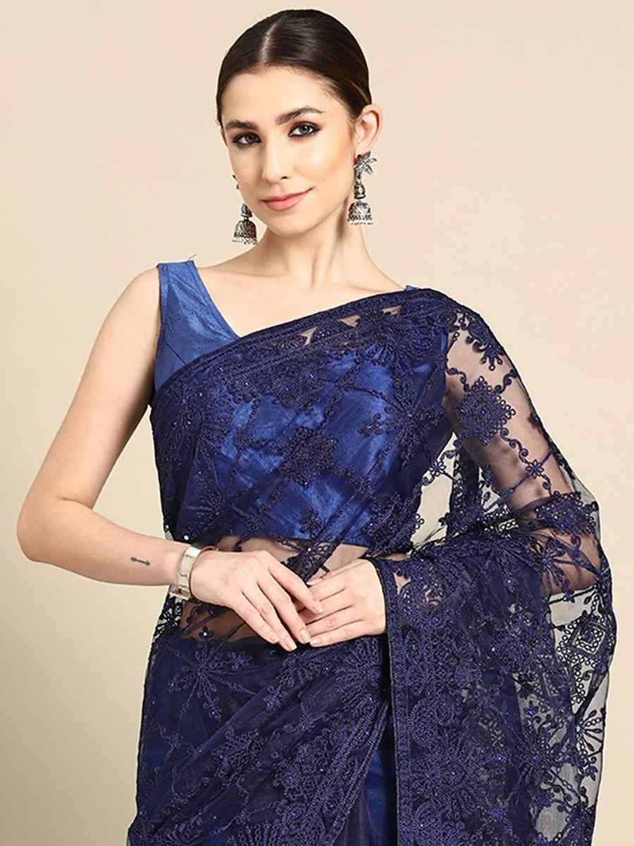 Navy Blue Net Embroidered Party Festival Classic Style Saree