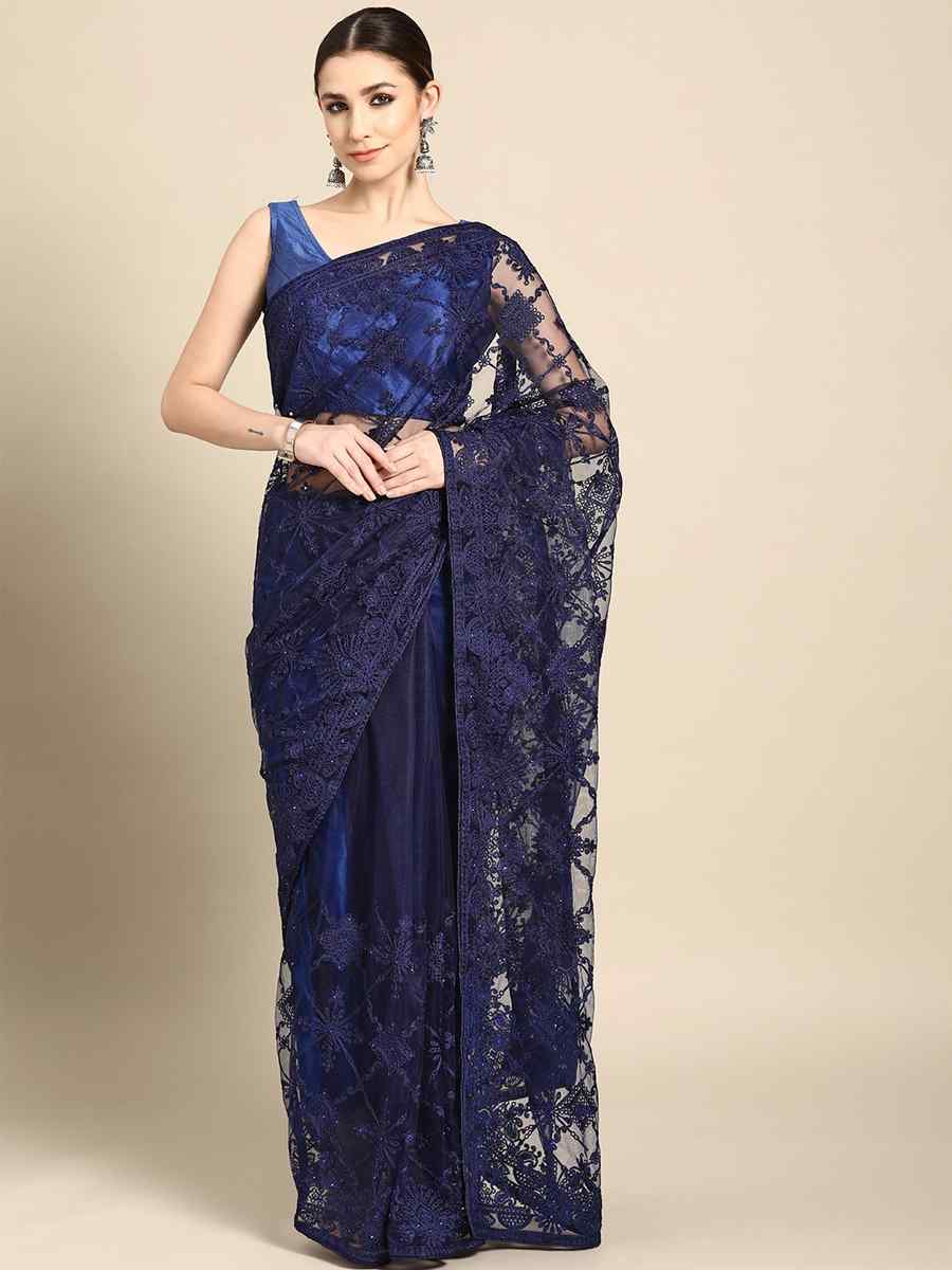 Navy Blue Net Embroidered Party Festival Classic Style Saree