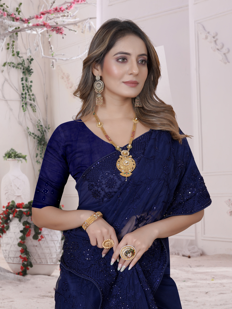 Navy Blue Net Embroidered Party Festival Heavy Border Saree