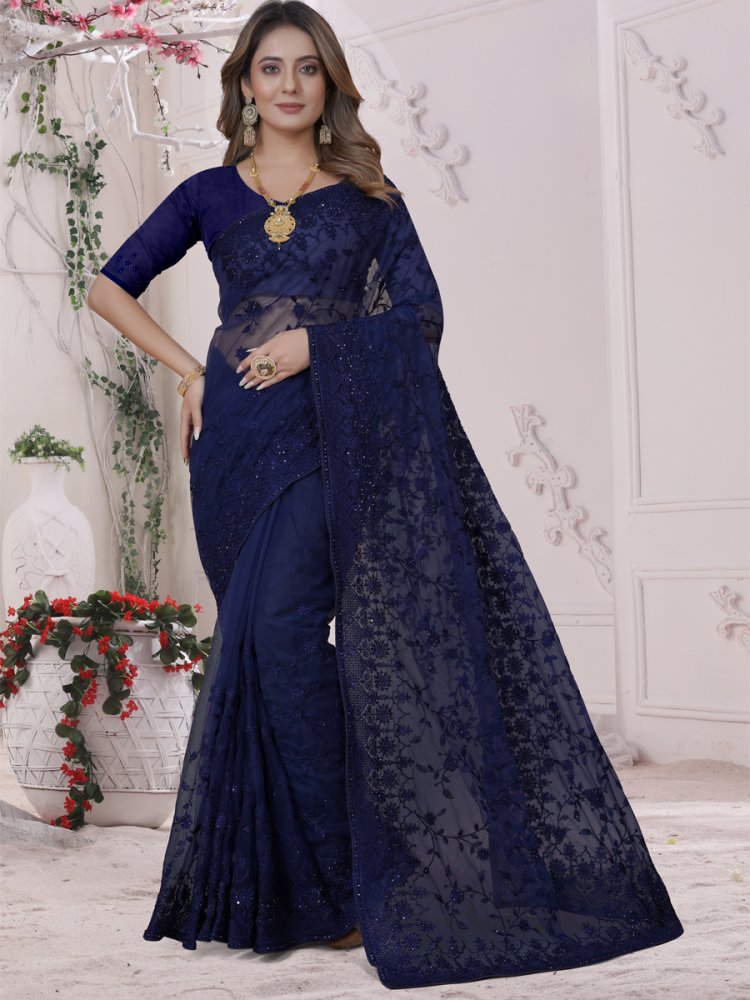 Navy Blue Net Embroidered Party Festival Heavy Border Saree