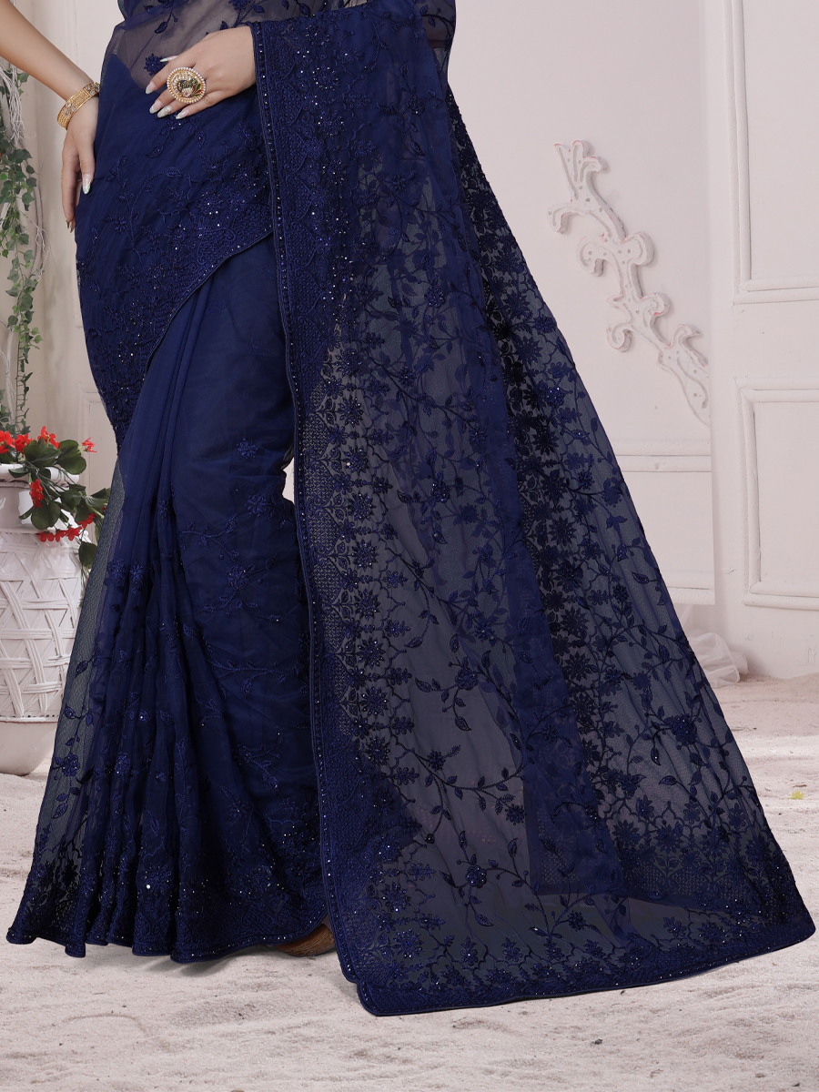 Navy Blue Net Embroidered Party Festival Heavy Border Saree