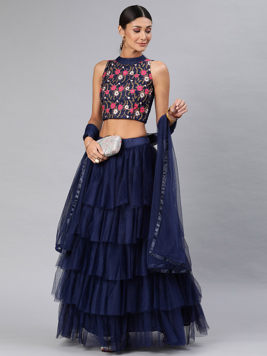 Navy Blue Net Embroidered Party Wear Wedding Circular Lehenga Choli