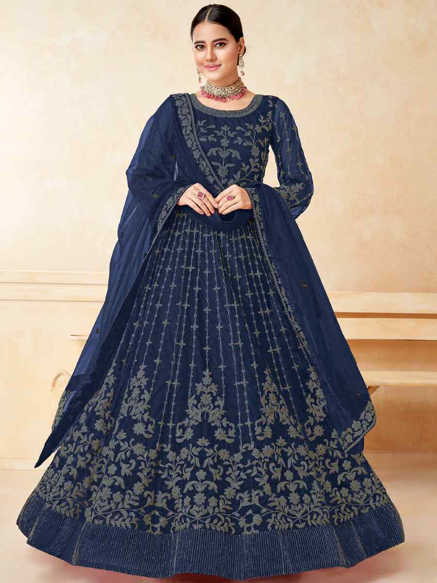 Navy Blue Net Embroidered Wedding Festival Anarkali Salwar Kameez