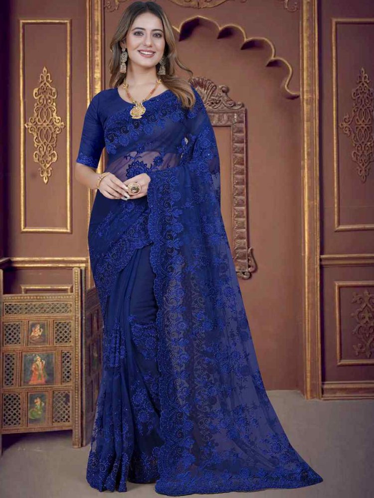 Navy Blue Net Embroidered Wedding Party Heavy Border Saree