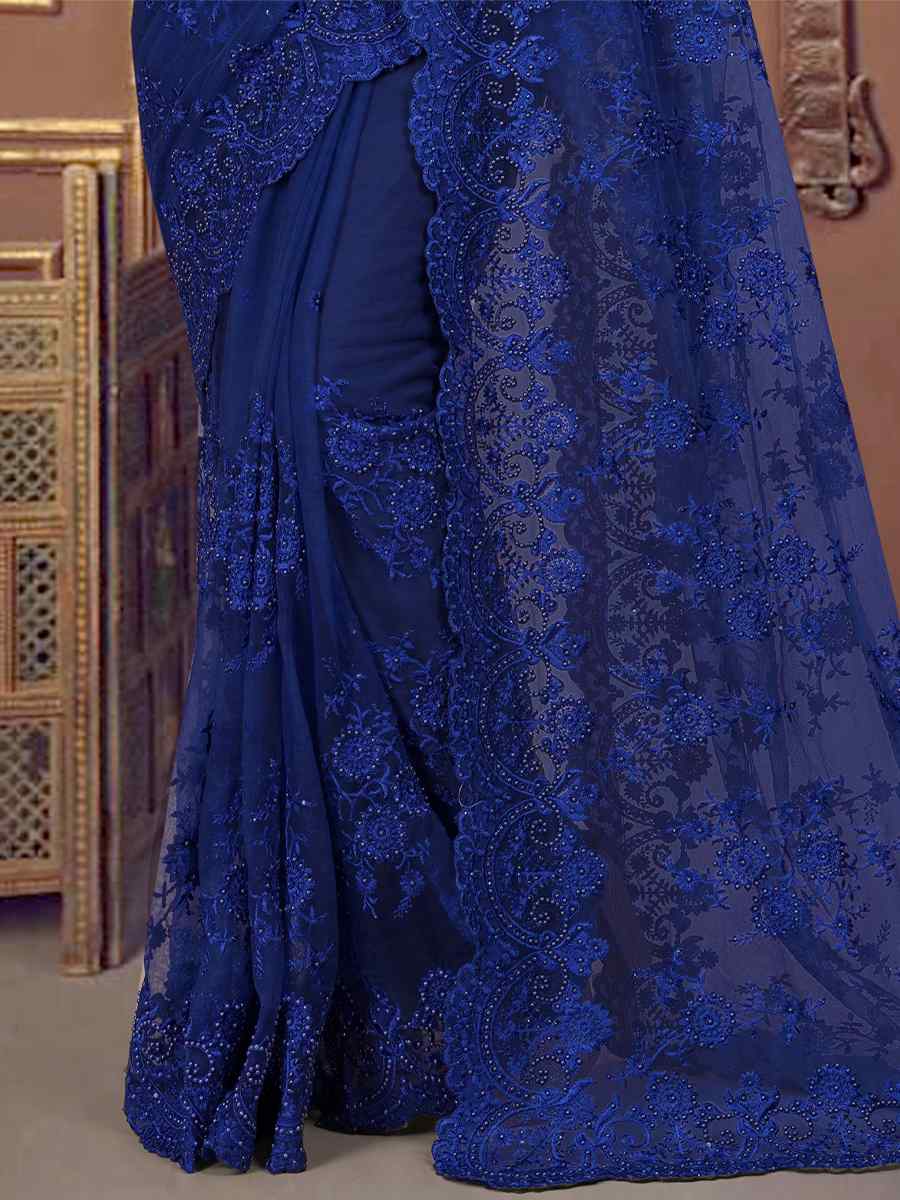 Navy Blue Net Embroidered Wedding Party Heavy Border Saree