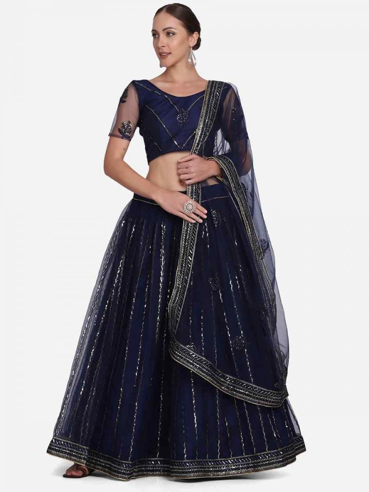 Navy Blue Net Zari Wedding Festival Circular Lehenga Choli