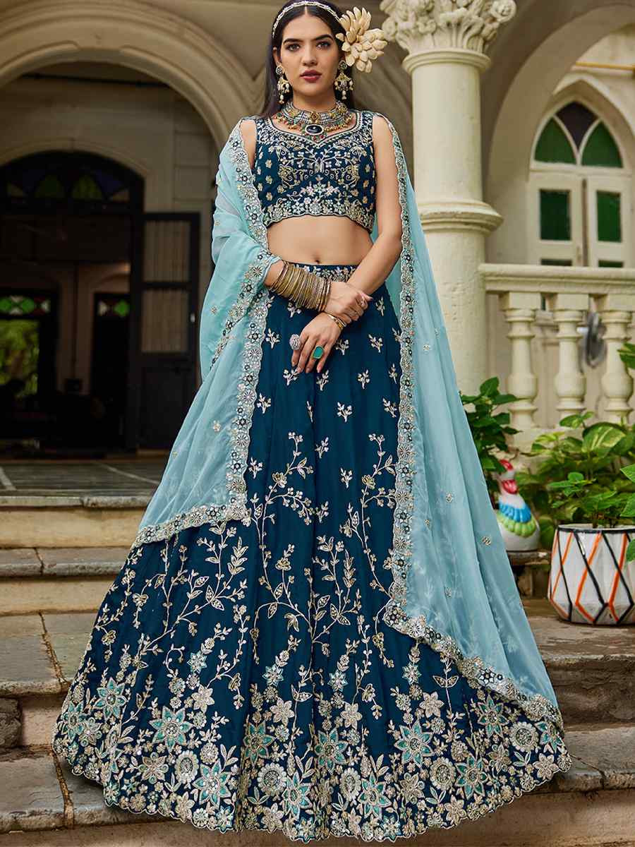 Navy Blue Organza Embroidered Festival Reception Wedding Party Wear Heavy Border Lehenga Choli