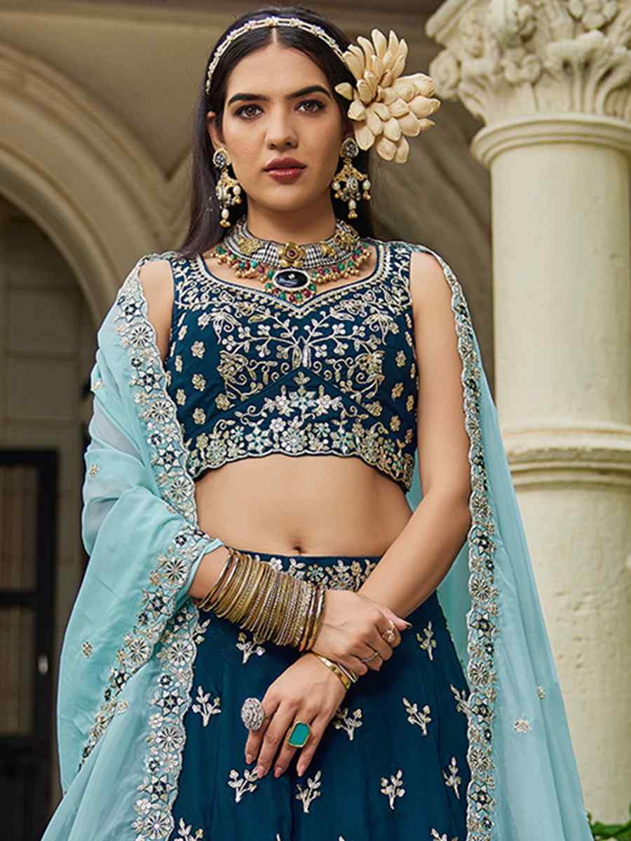 Navy Blue Organza Embroidered Festival Reception Wedding Party Wear Heavy Border Lehenga Choli