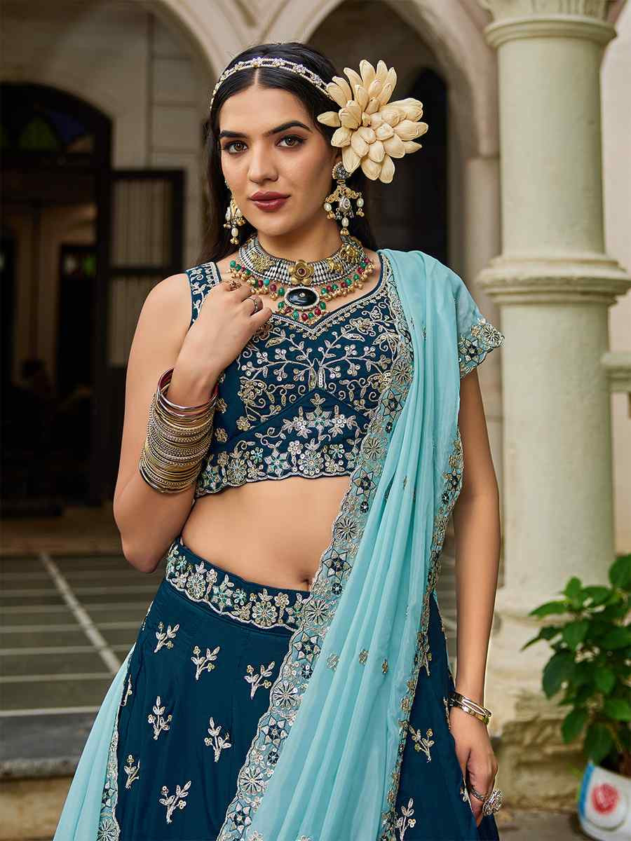 Navy Blue Organza Embroidered Festival Reception Wedding Party Wear Heavy Border Lehenga Choli